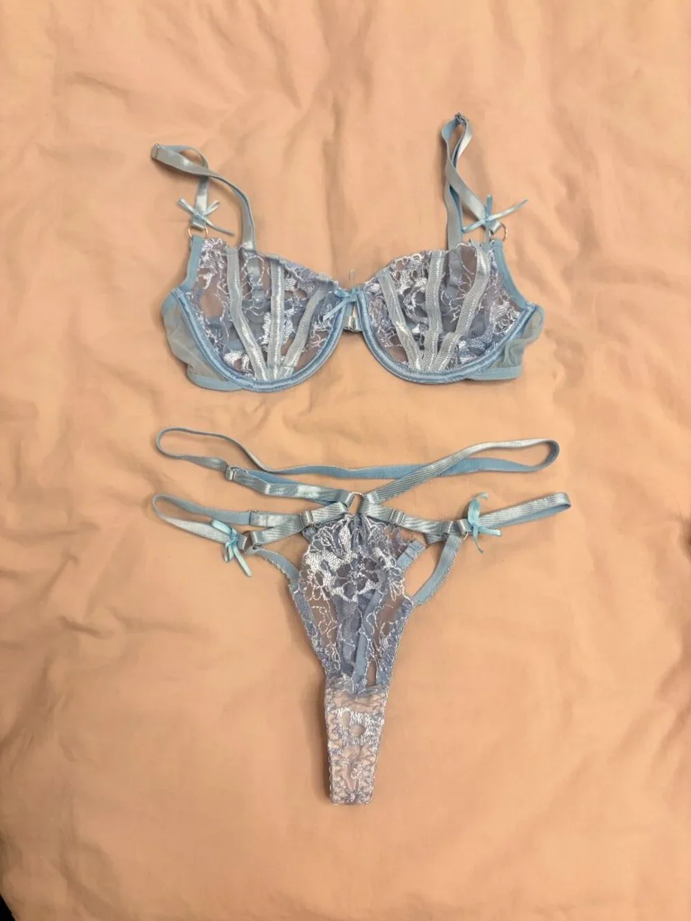 Blue Lace Strappy Bra and Panty Lingerie Set Size Small